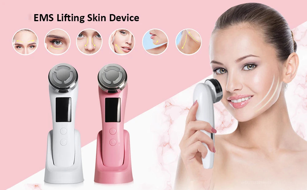 White and pink RF facial massagers with metallic heads, digital screens, and charging bases, shown in use on a face.