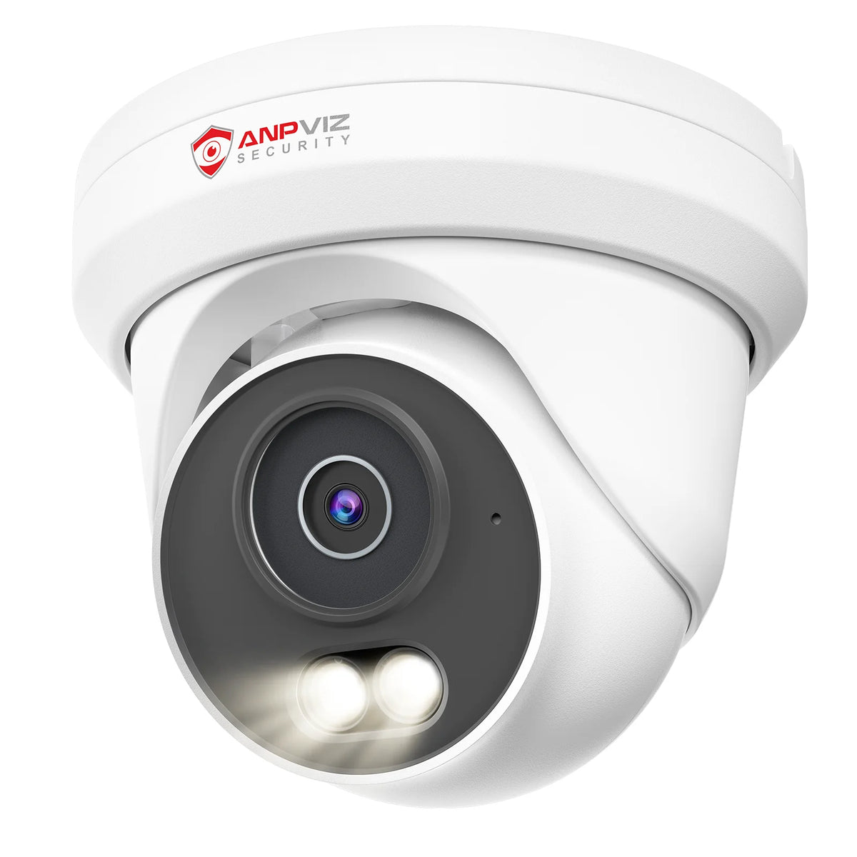 4MP white turret security camera close-up with lens and dual lights