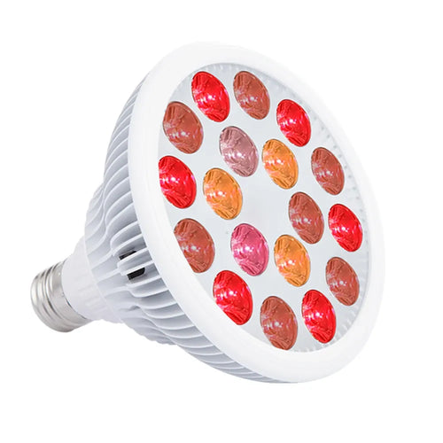 Round LED red light therapy bulb for wellness and recovery with therapeutic wavelengths.