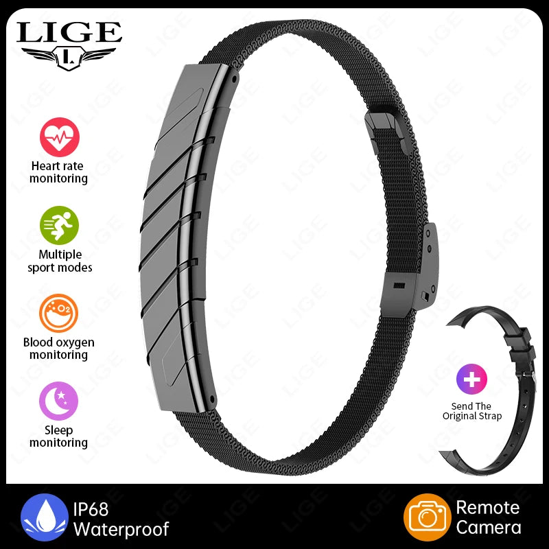 Black mesh Bluetooth smart bracelet with no-screen display, heart rate and blood oxygen monitoring