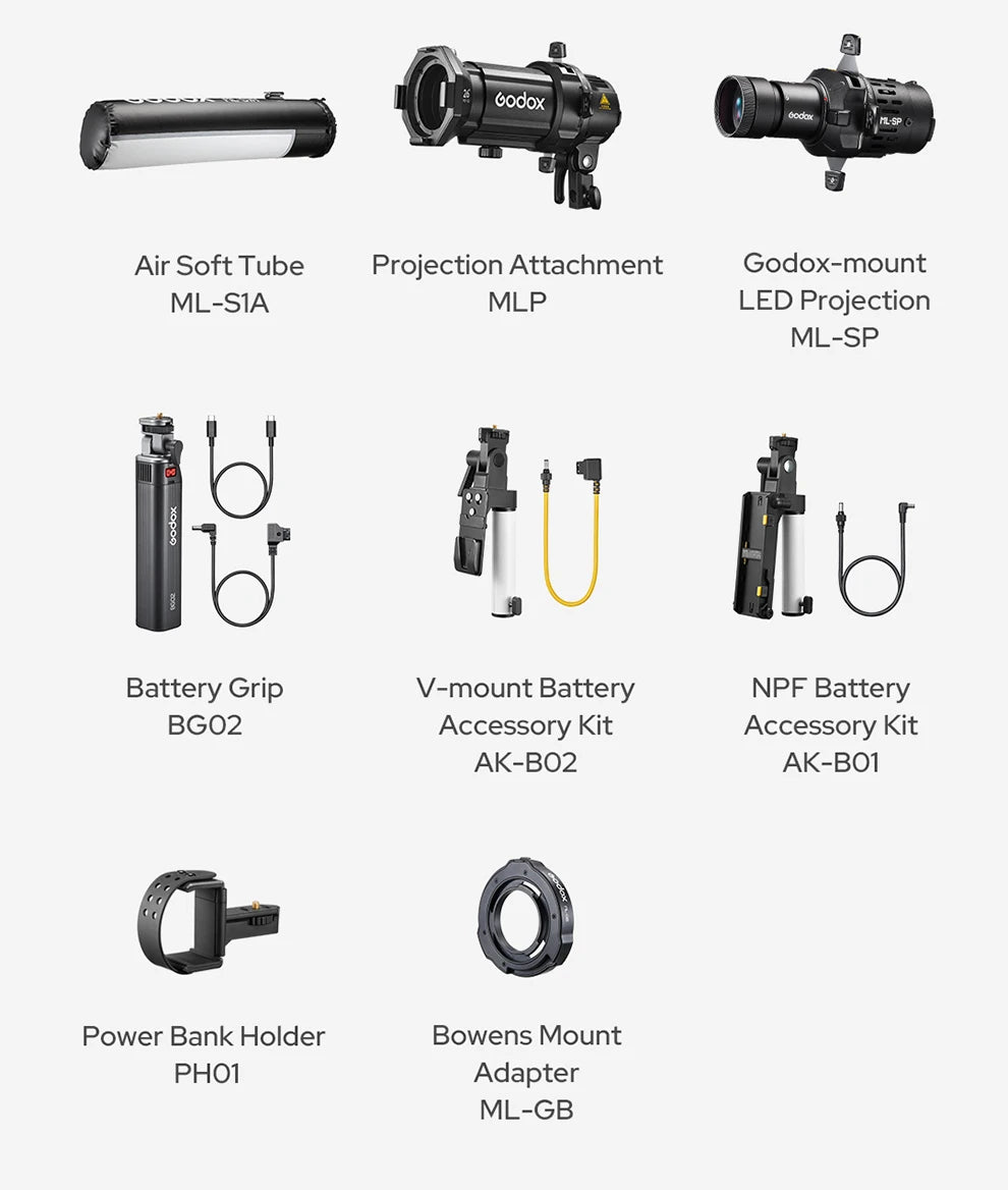 A grid of black lighting accessories: soft tube, projection attachments, battery grips, power holder, and mount adapter.
