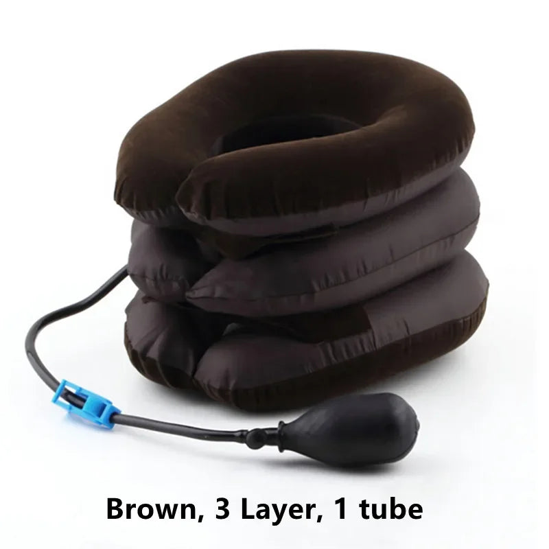 Inflatable Neck Traction Device | Adjustable Cervical Support Pillow Fascia Gun Brown 3 Layer 1 tube Tidesmit