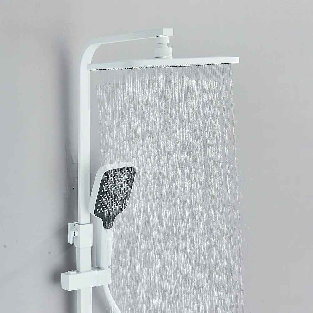 White Bathroom Shower Faucet Set Long Spout Rotation 3 Function Rainfall Headshower With Shelf Hot Cold Shower Mixer Tap System