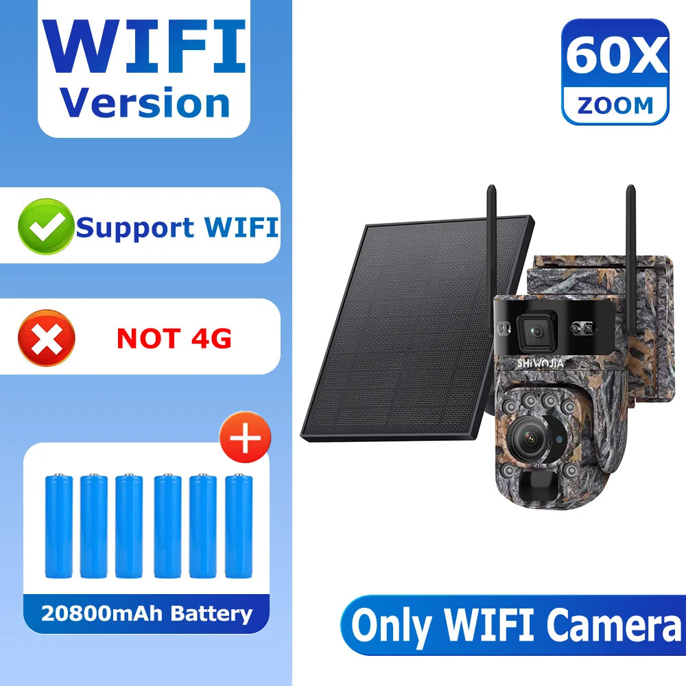 SHIWOJIA 60X 10MP AOV+PIR Outdoor Surveillance Camera WIFI/4G SIM Ai Tracking Human Detection Dual Screen CCtv Security Cam