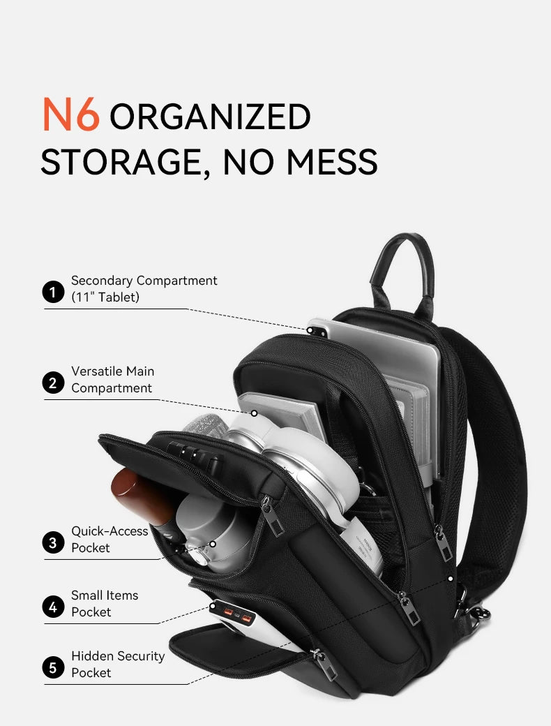 ReeYee N6 6L Sling Chest Bag, Combination Lock Security Crossbody Pack, Unique Design with Smart Organization Compartments