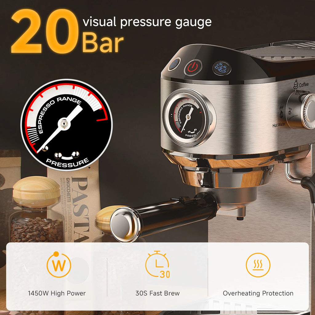 20 bar espresso machine, stainless steel finish with built-in pressure gauge, 1450W power and fast brew technology.