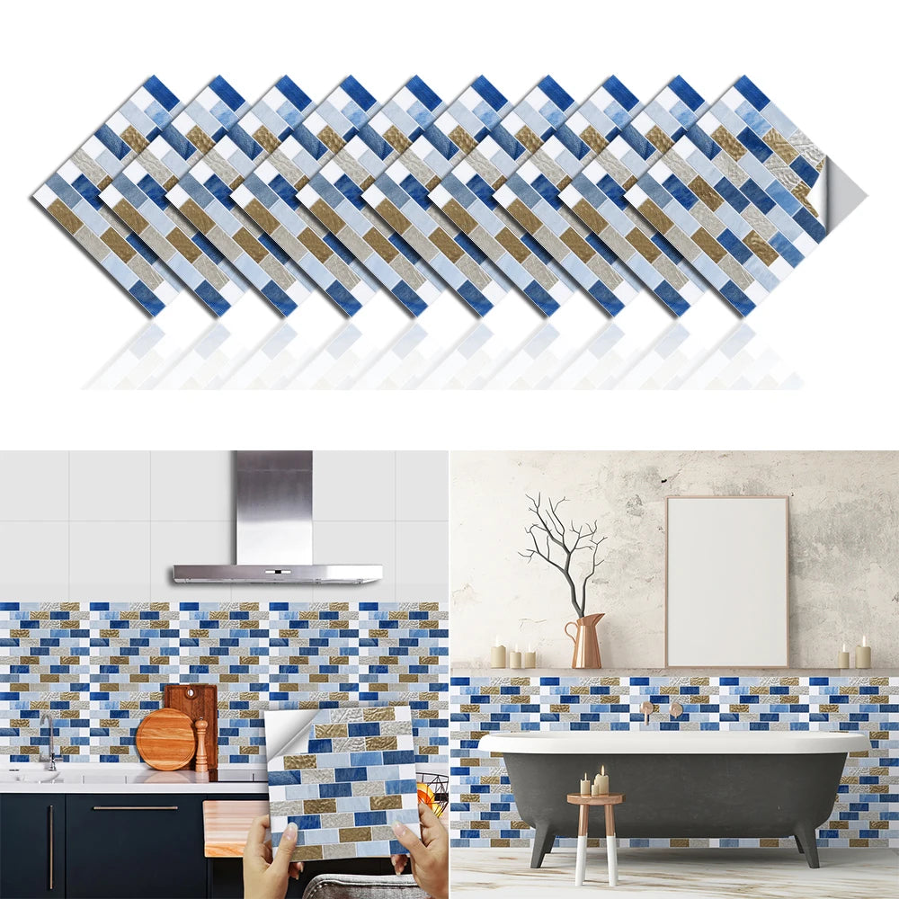 10pcs/set Flat Marble Mosaic Tiles Sticker Transfers Covers For Kitchen Bathroom Tables Peel & Stick Waterproof Art Wall Decals