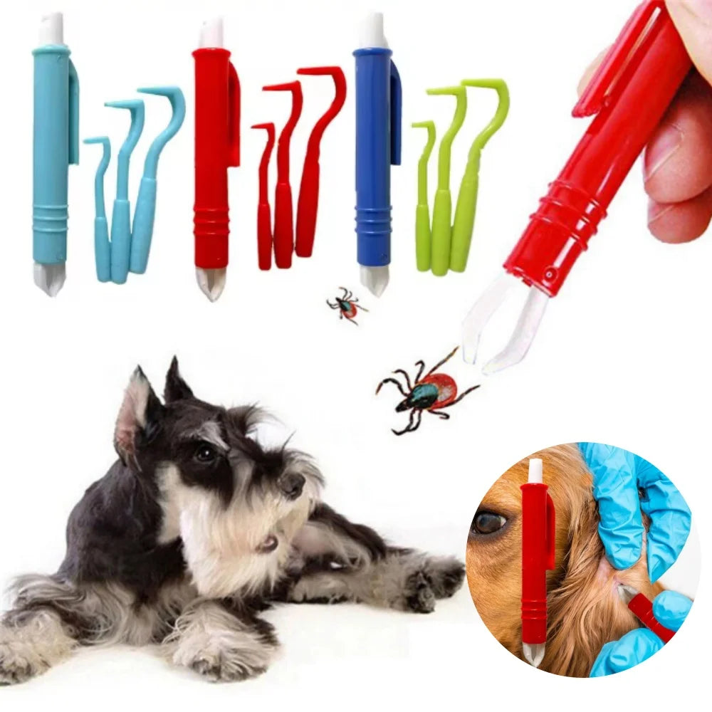 4-piece pet flea and tick removal tool kit with colorful tweezers for safe, easy parasite extraction from dogs and cats.