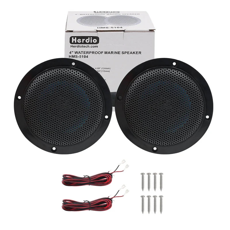 Pair of black 4-inch waterproof ceiling speakers with box, wiring, and mounting screws