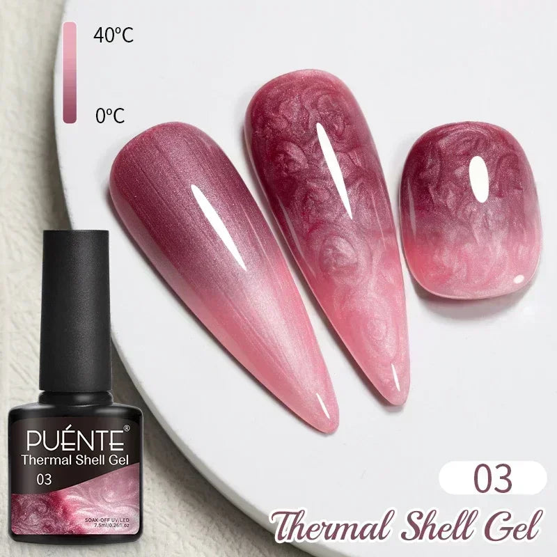 Thermal shell gel polish 03, shifting from dark berry to light pink depending on temperature, displayed on nail tips.