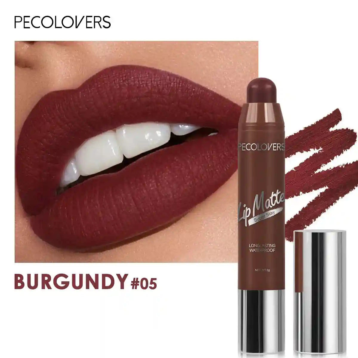 Pecolovers velvet matte lipstick in Burgundy #05, a long-lasting, waterproof, non-stick lip makeup crayon.