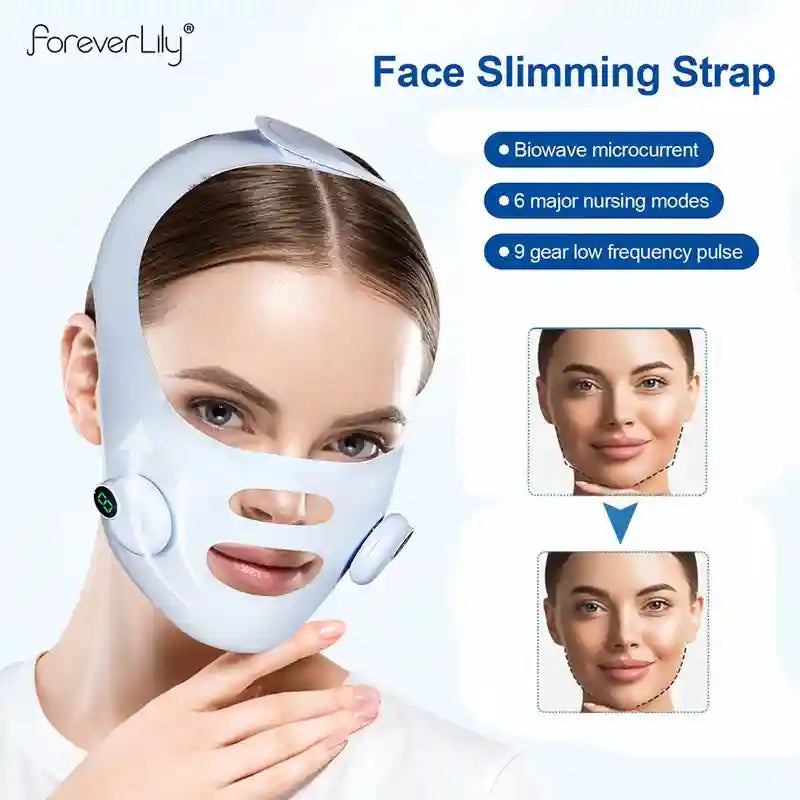 White V-line facial lifting strap with side massage nodes on a woman's face, showing before and after results.