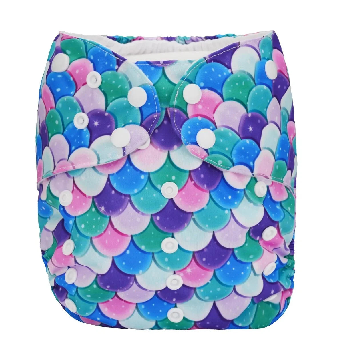 Reusable cloth baby diaper with adjustable snaps and a colorful mermaid scale pattern.