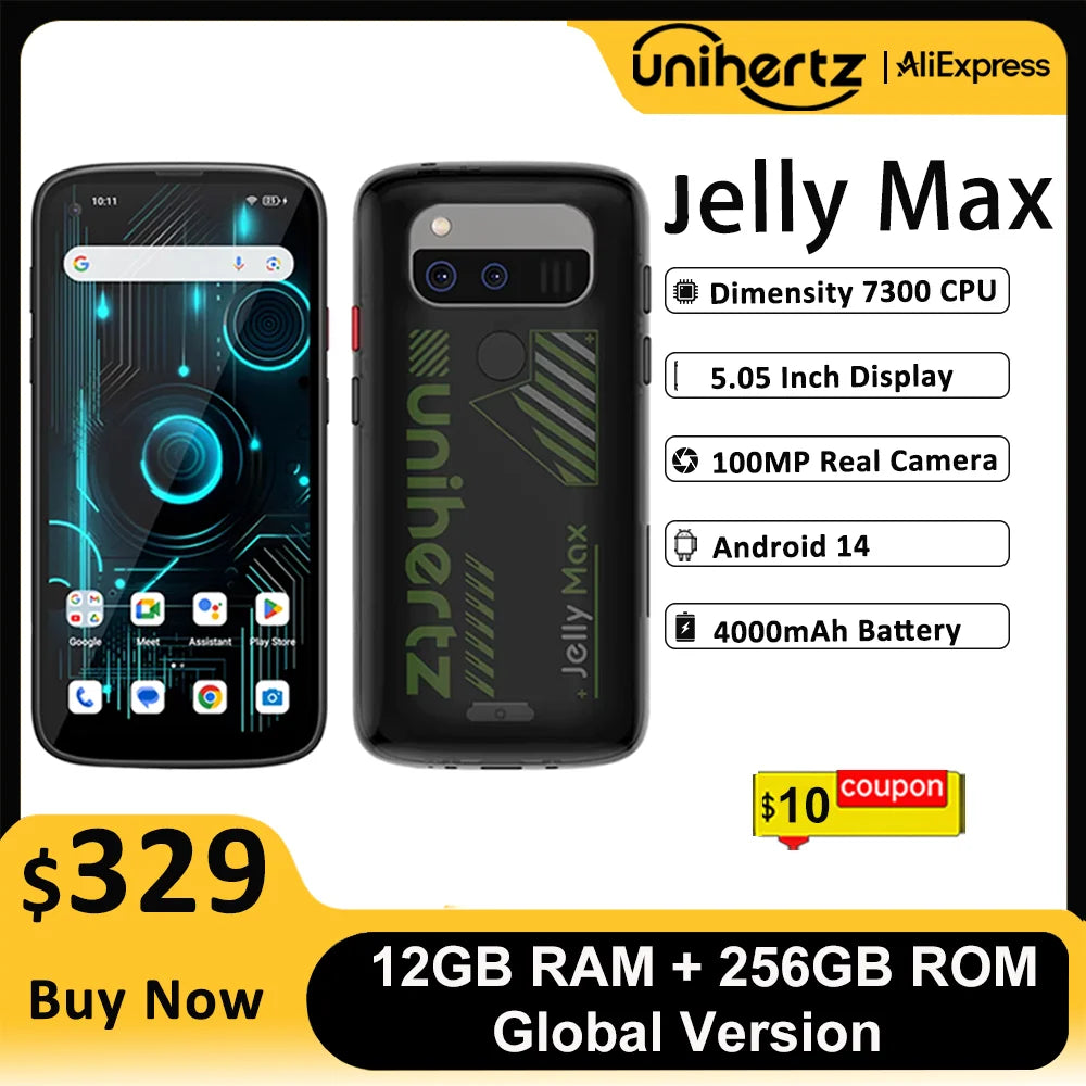 Unihertz Jelly Max 5G Mini Smartphone Android 14 Dimensity 7300 CPU 12GB 256GB 100MP Camera 4000 mAh Battery 5.05" inch Screen