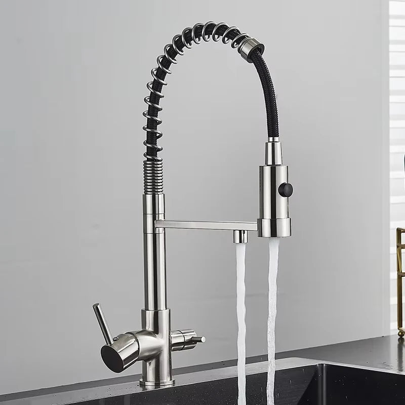 Filtered Kitchen Faucets Dual Spout Filter Faucet Mixer Pull Out Spray 360 Rotation Water Purification 3 Ways Sink Mixer Kitchen