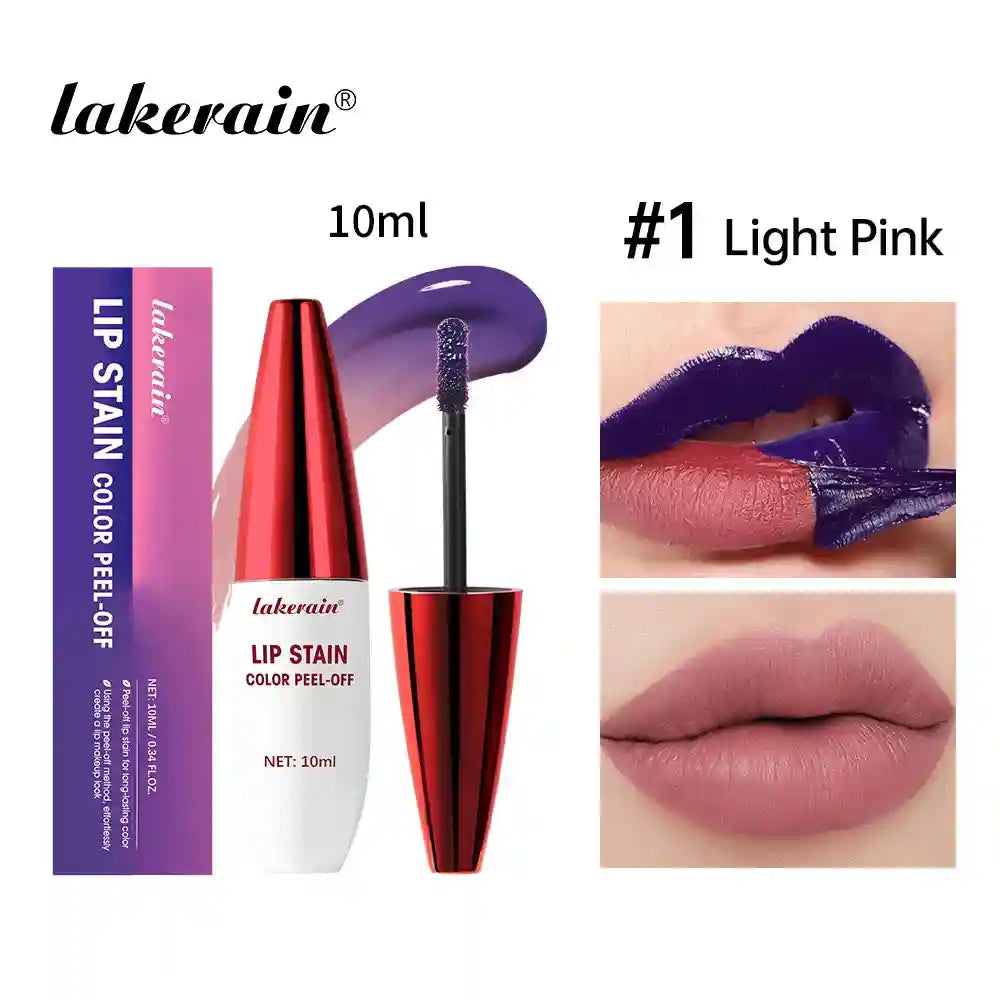 Lakerain waterproof peel-off lip stain in Light Pink, featuring a matte finish, tattoo-transfer resistant formula.