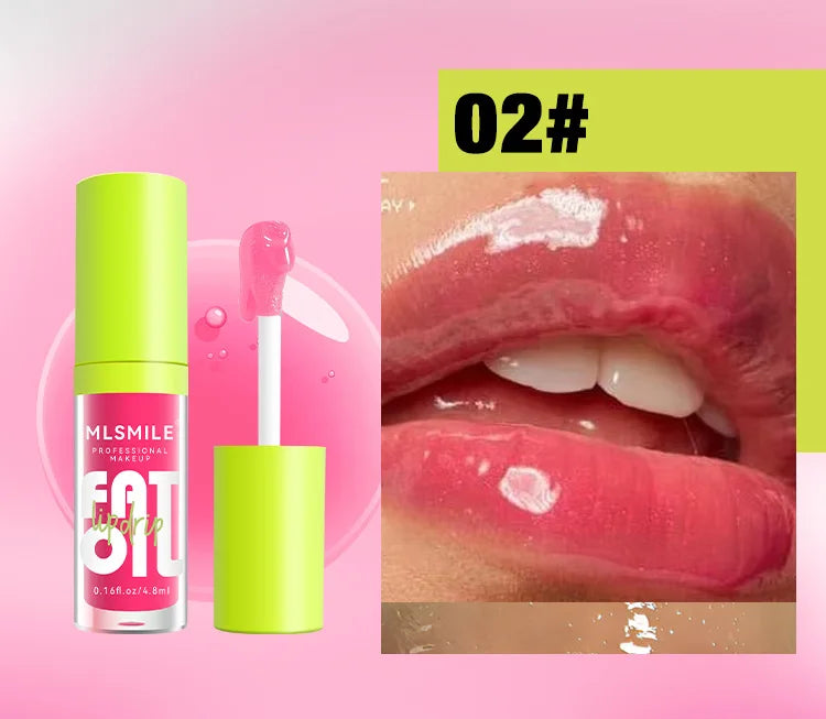 Moisturizing pink glitter lip gloss plumper with a high-shine, glossy finish on lips for a nutritious, hydrated look.