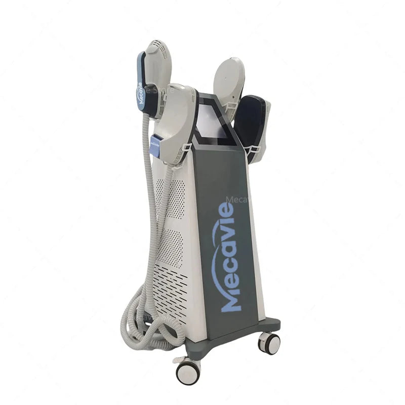 MECAVIE 6500W EMS RF body shaping machine with 4 handles, touchscreen, and white mobile tower design on wheels.