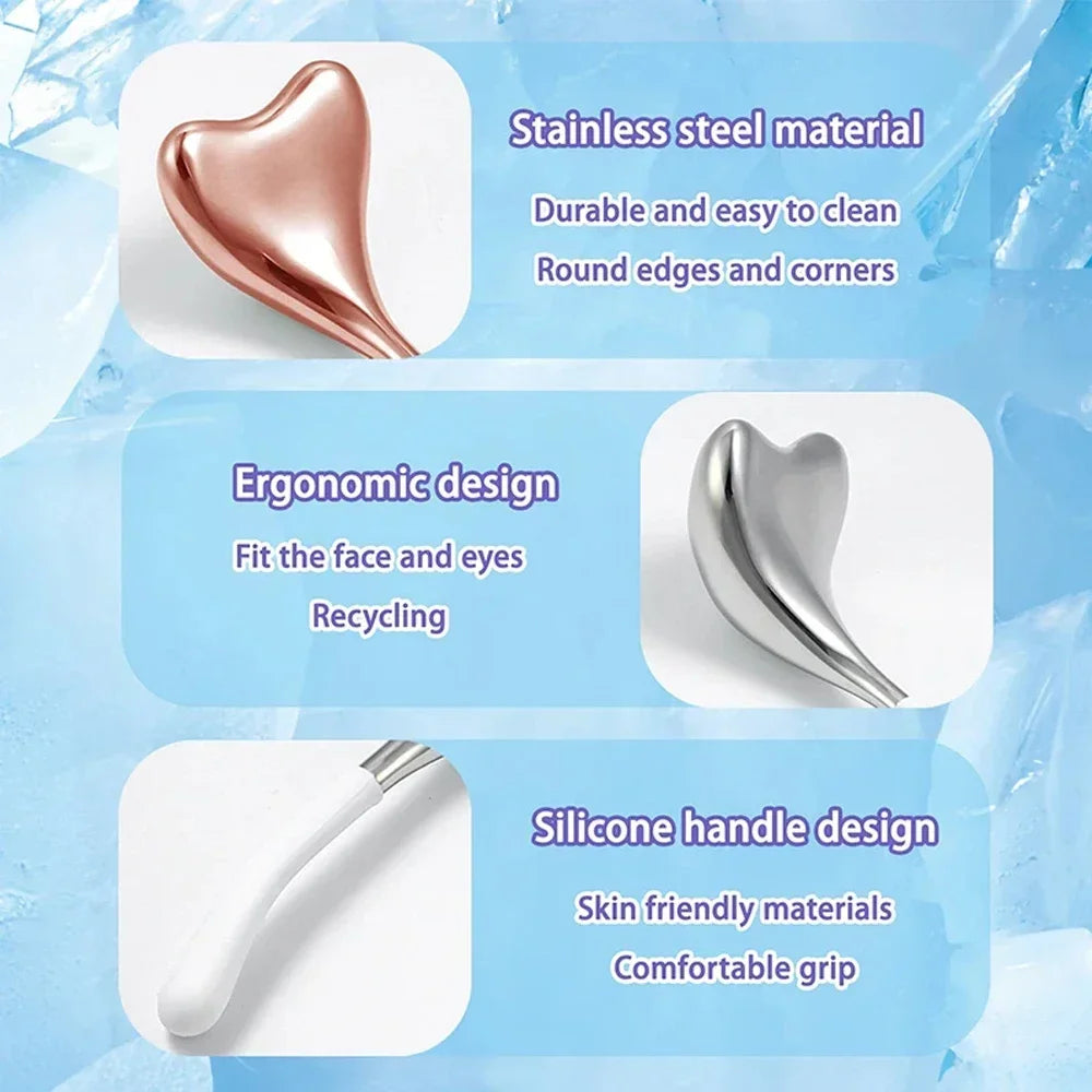 Two rose gold, heart-shaped stainless steel cryo facial massage tools with white silicone handles.