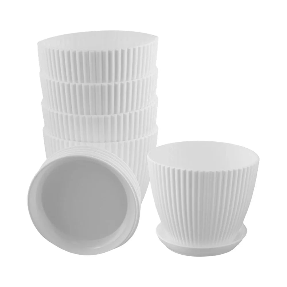 5 Pcs Modern Resin Planters 6 Inch Drainage Hole Flower Pots With Saucers Vertical Stripe Design For Houseplant Garden