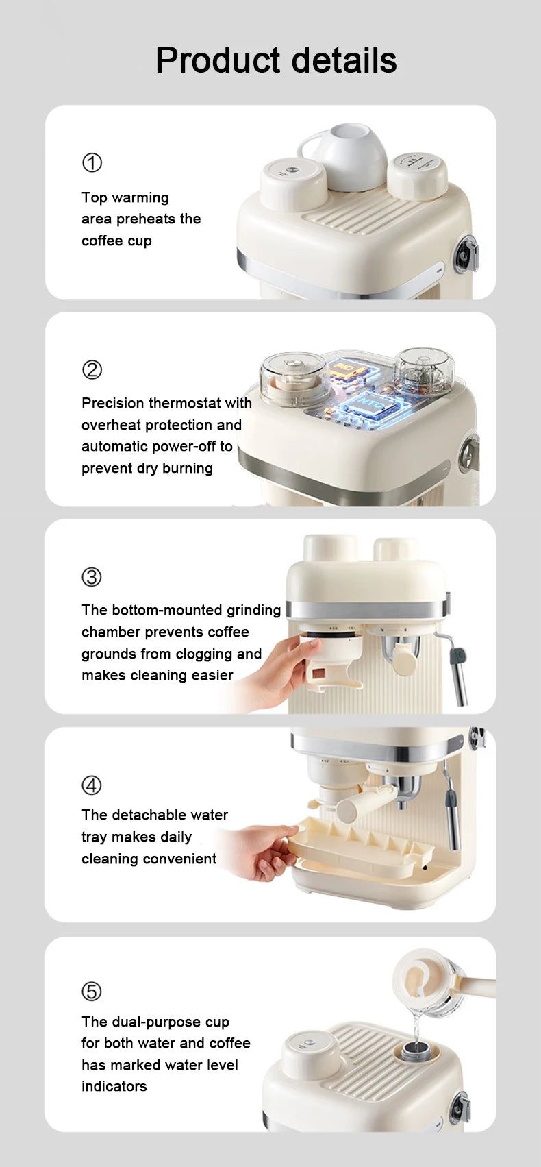 Cream-colored espresso coffee maker with cup warmer, bottom grinder, detachable drip tray, and water level markers.