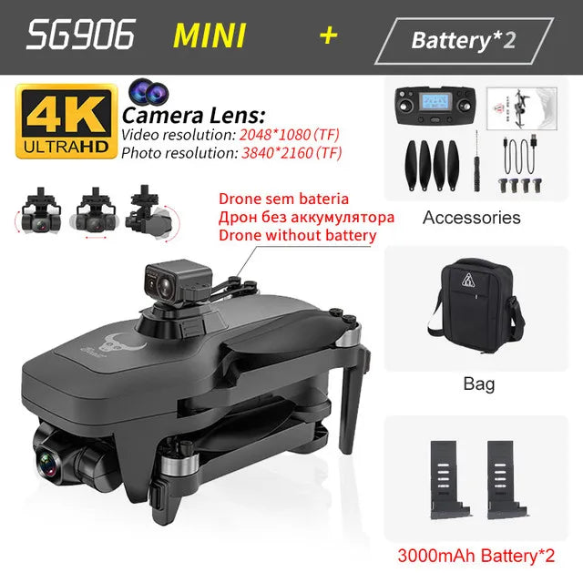 4K GPS Drone with Obstacle Avoidance | Foldable 3-Axis Stabilized Quadcopter MINI 3-Axis 2Battery Tidesmit