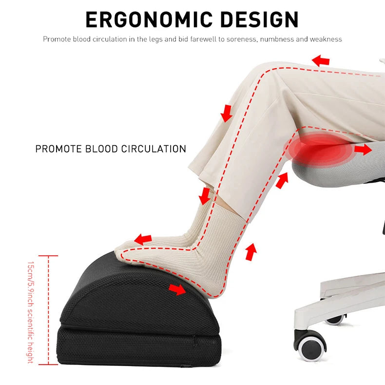 Black ergonomic under-desk foot rest stool with adjustable height for improved leg circulation in office or gaming.