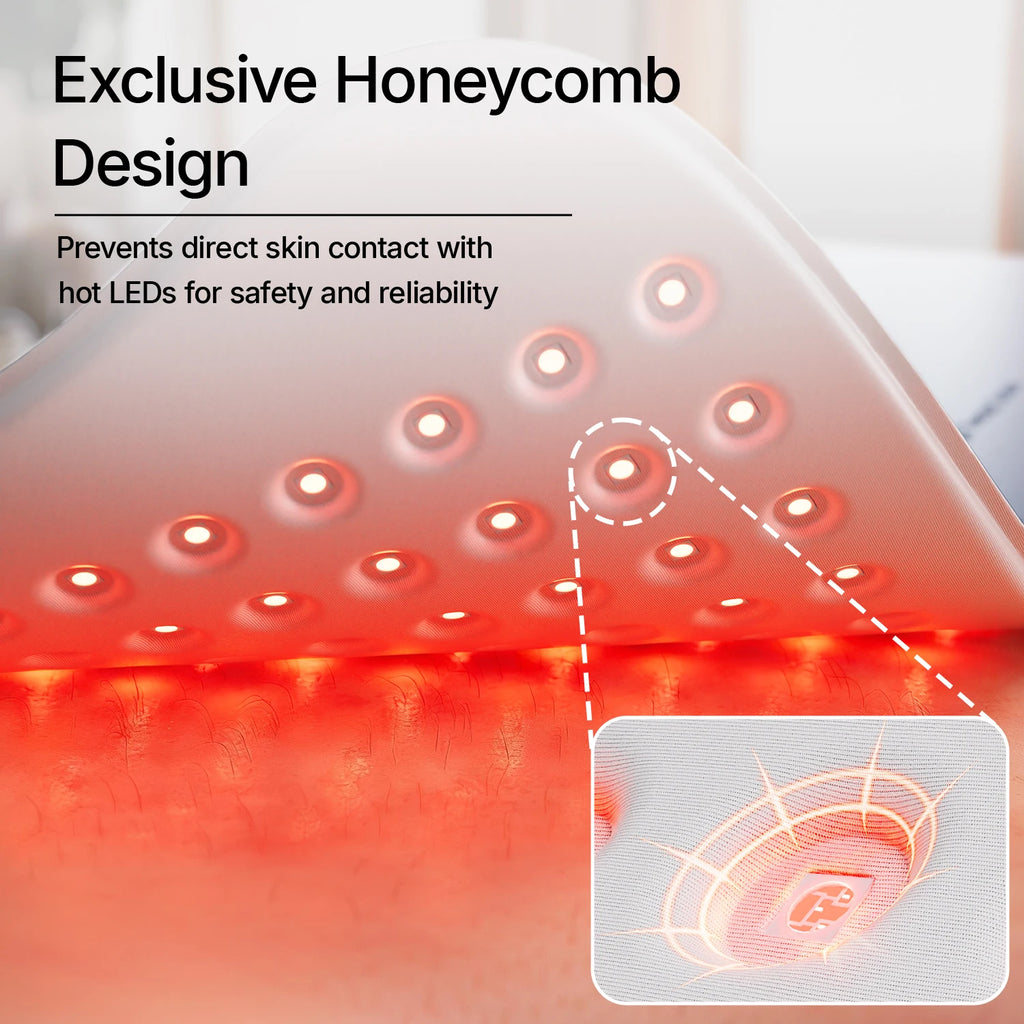 Red light therapy mat with honeycomb-patterned LED surface, showing safety spacing between light source and skin.