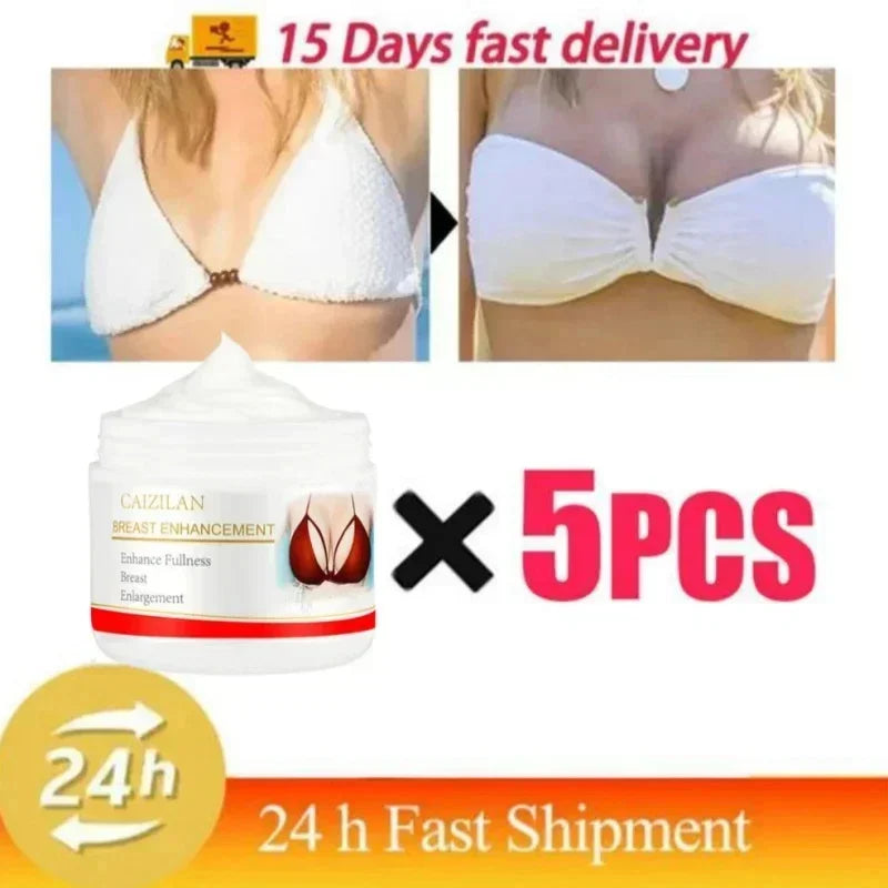 White breast enhancement cream container with red label and flip-top lid.