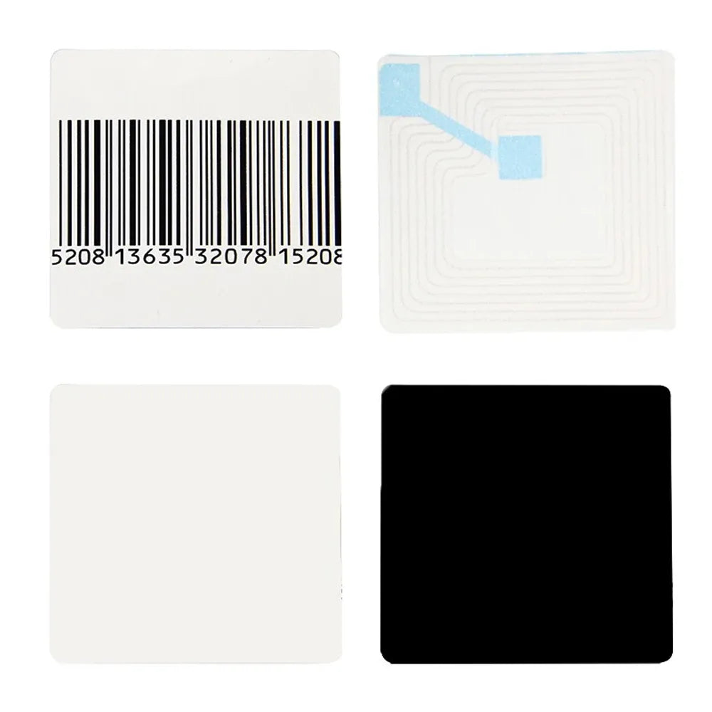 Security label samples: white and black squares with printed barcode