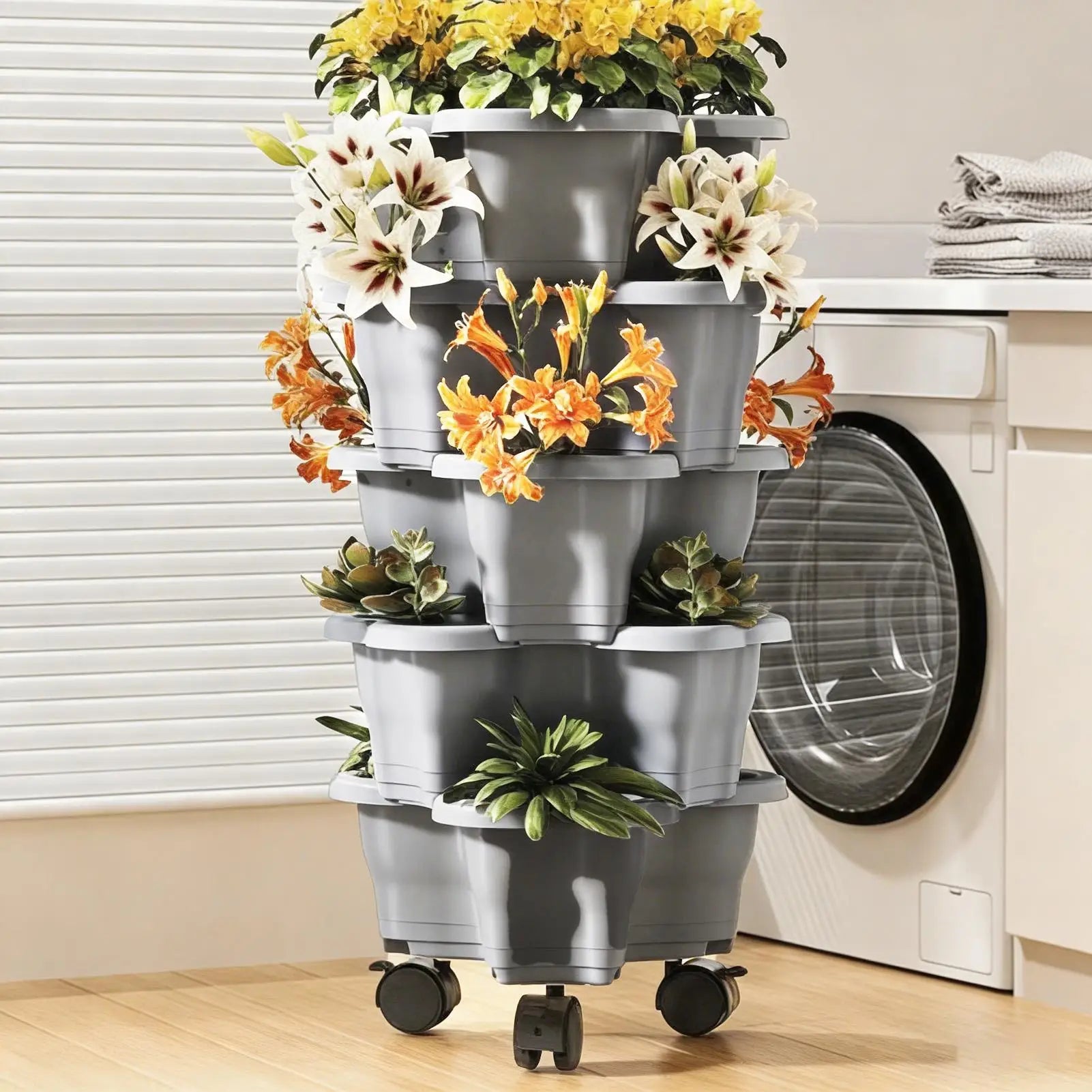 Stackable vertical planter tower with flowers and succulents, on wheeled base