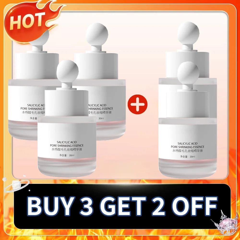 Salicylic Acid Pore Shrinking Essence serum in glass dropper bottles for smooth skin and facial pore refinement.
