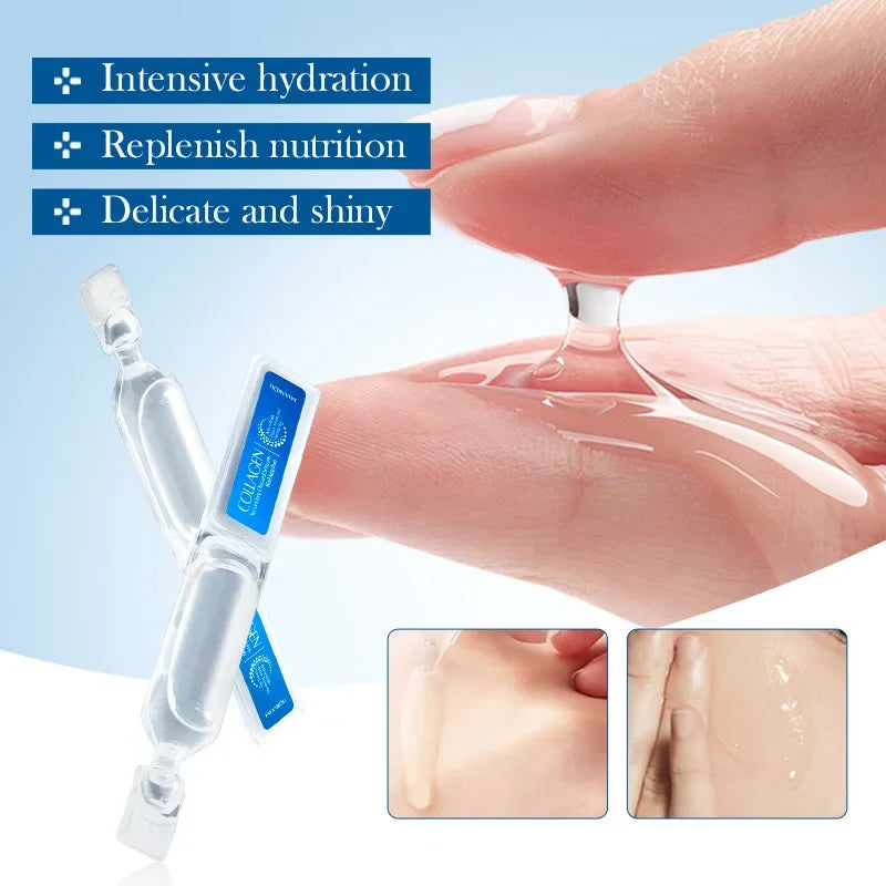 Clear single-use serum ampoules with a viscous gel texture being applied to skin, shown in a product promo graphic.