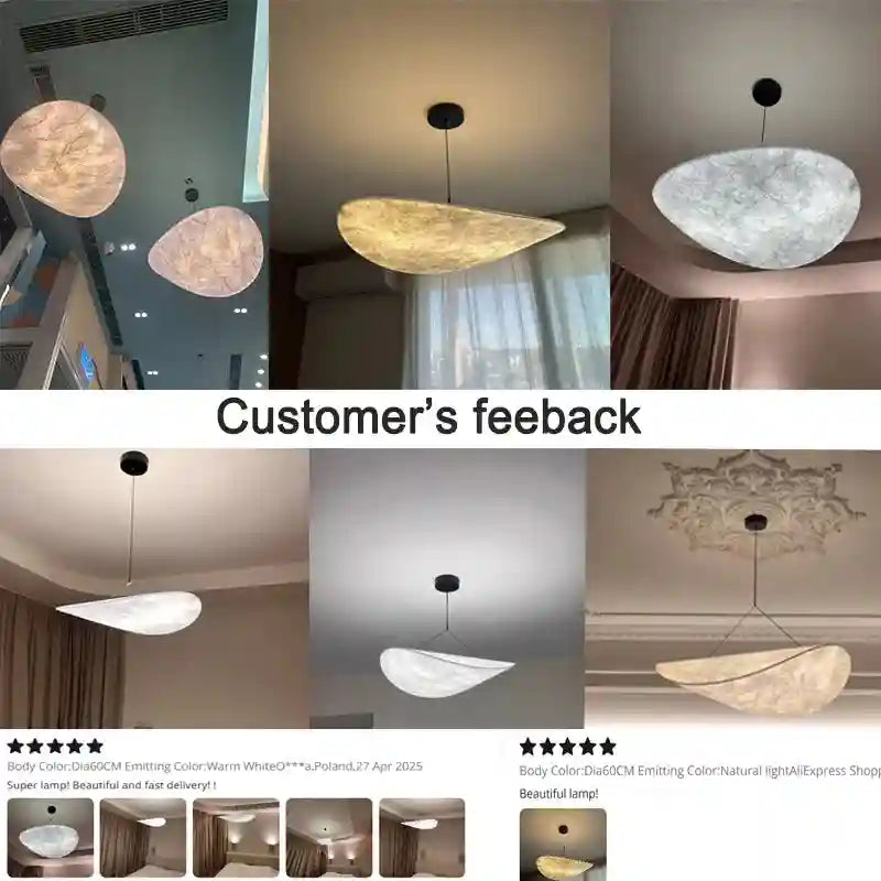 Pendant light with a 60cm, irregular disc-shaped shade in textured off-white material, hanging from a thin black cord.