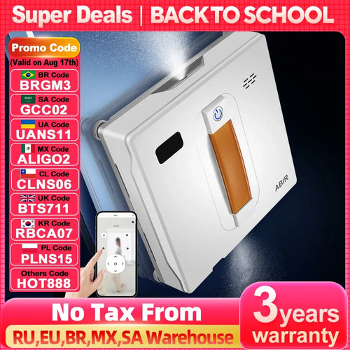 ABIR dual water spray window robot vacuum cleaner, white and gray body