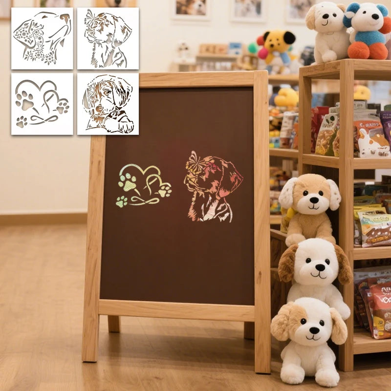 4pcs reusable dog-themed PET plastic painting stencils for creative DIY pet crafts, graffiti, and home wall art decor.