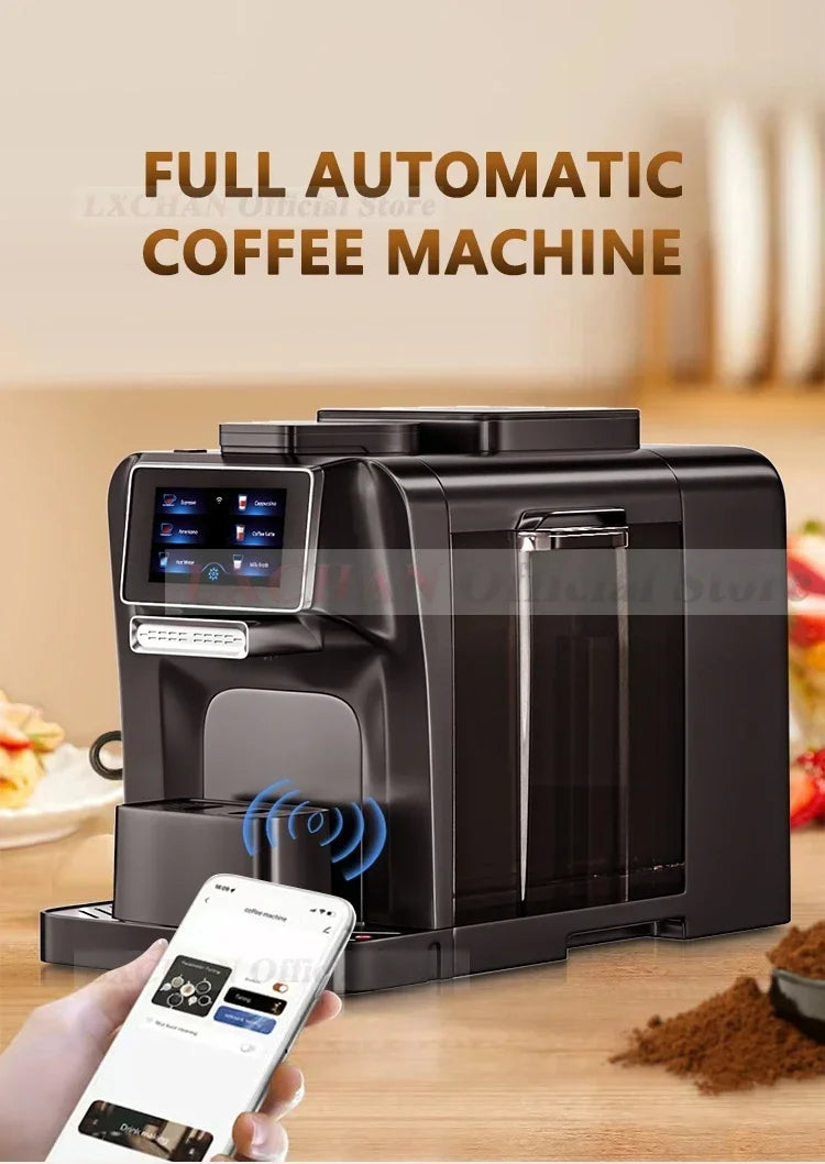 LXCHAN black full automatic coffee machine with touchscreen display and smartphone app control on a kitchen counter.