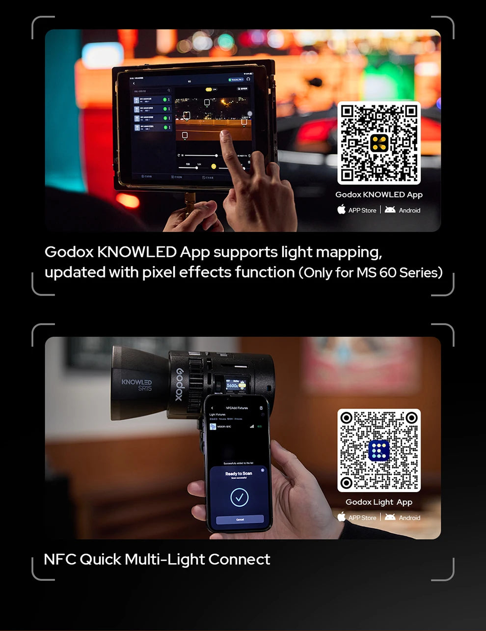 Tablet and smartphone screens showing app light mapping and NFC connection interfaces for MS 60 series lighting