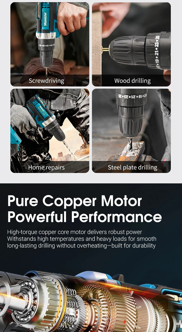 Mamidw Lithium Cordless Impact Drill 100N.M Max Torque 2350RPM Built-in LED Light Wireless Power Drill for Home Renovation & Construction Work, For Makita 18V Battery PIN