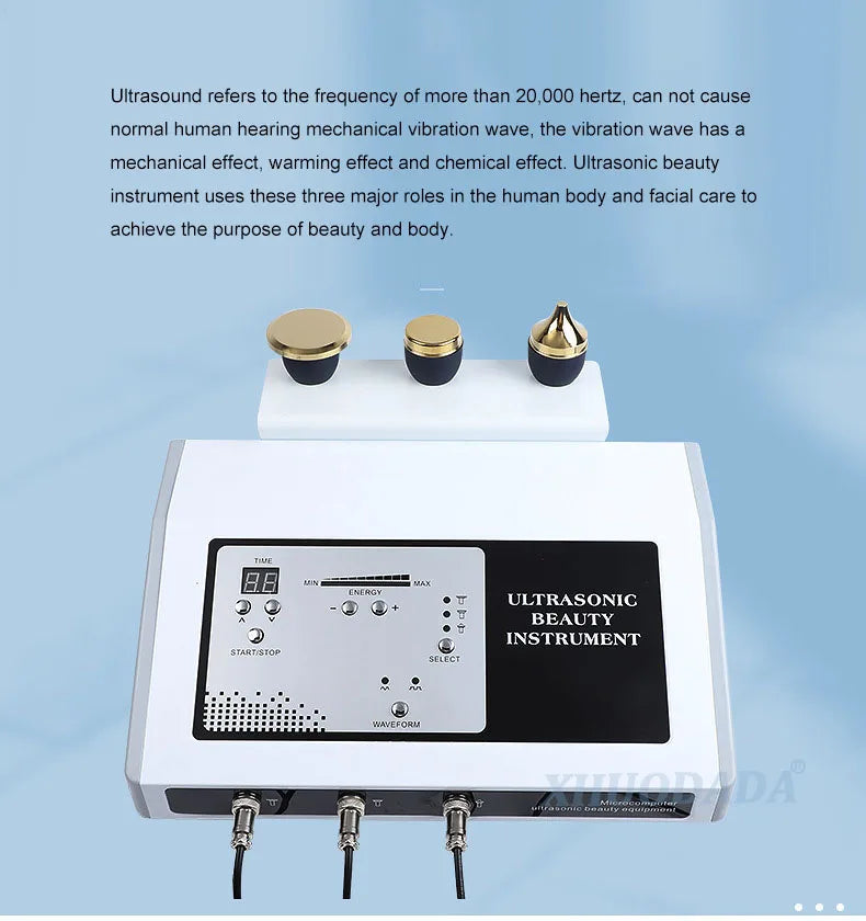 3-in-1 ultrasonic facial device with digital controls, three gold probes, for anti-aging and skin spot removal.