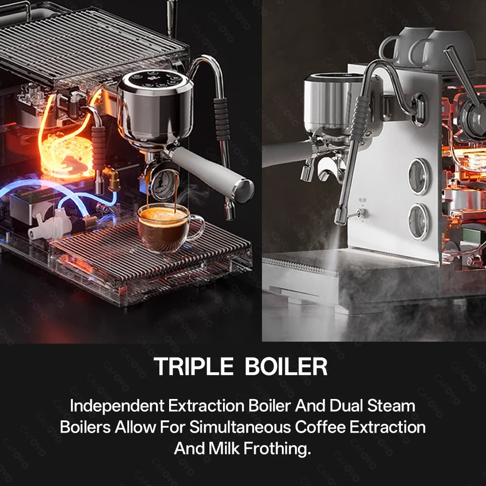 Cafoyo triple boiler stainless steel espresso machine with steam wand and integrated extraction gauge for home baristas.