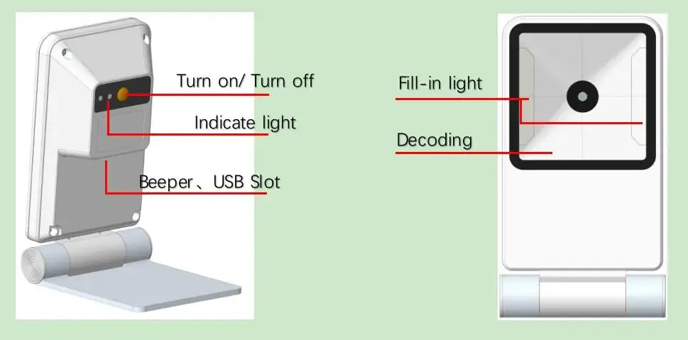 Foldable desktop scanner labeled for indicator light, beeper, USB slot, and decoding window