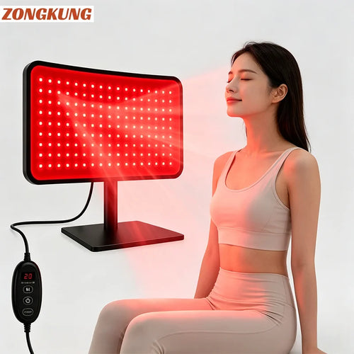 Small rectangular red light therapy LED device for wellness and skin rejuvenation with remote control.