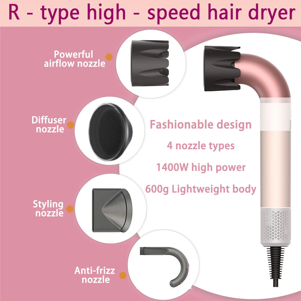 Rose gold 1400W hair dryer with 4 nozzles for fast, quiet styling. Lightweight ergonomic R-type design for easy use.