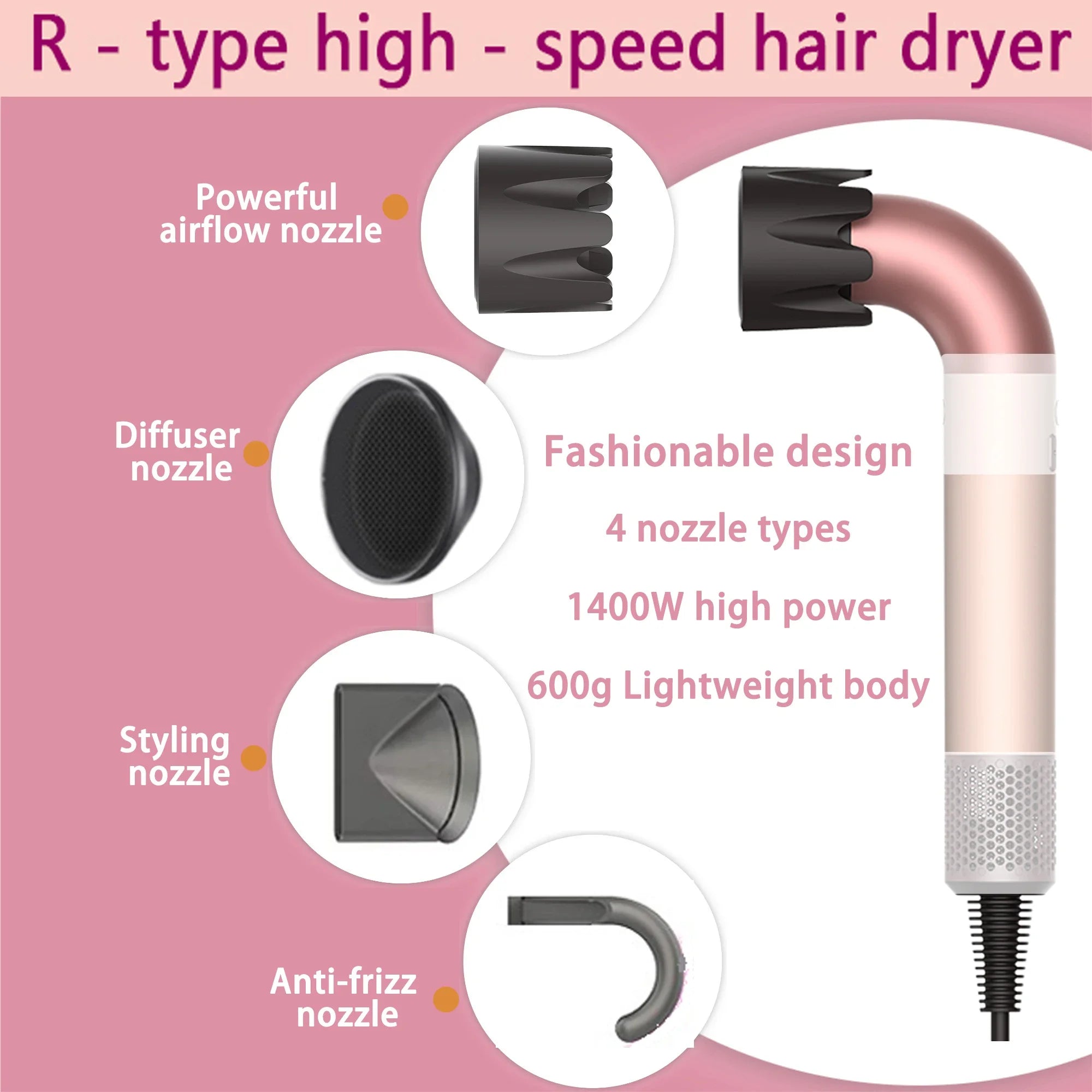 Rose gold 1400W hair dryer with 4 nozzles for fast, quiet styling. Lightweight ergonomic R-type design for easy use.