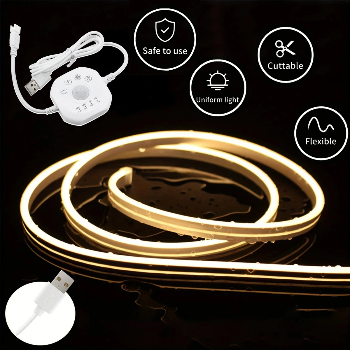 Warm white flexible LED strip with controller module and USB power cable