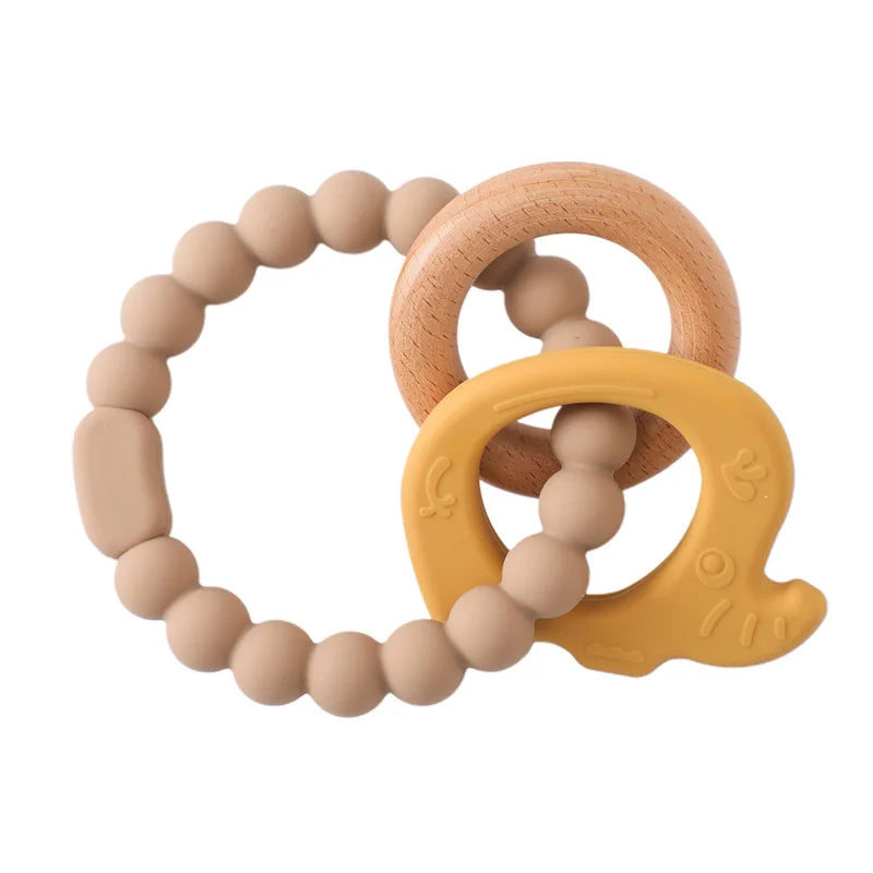Beige and yellow silicone and natural wood baby teething ring toy for infant relief.
