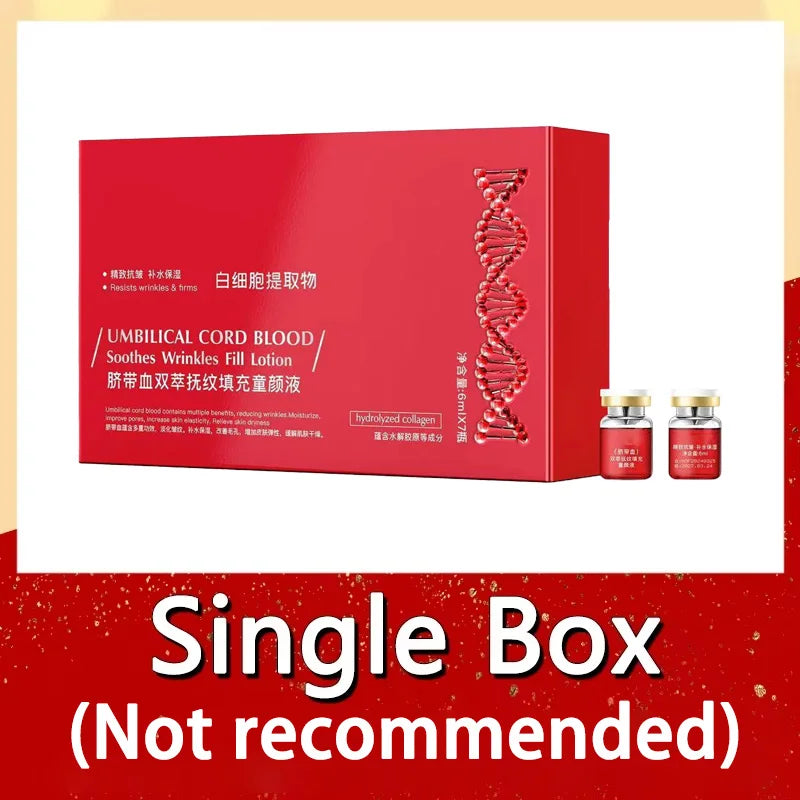 Umbilical Cord Blood Filler Serum set: anti-aging, firming, and wrinkle-reducing skincare in red packaging and vials.