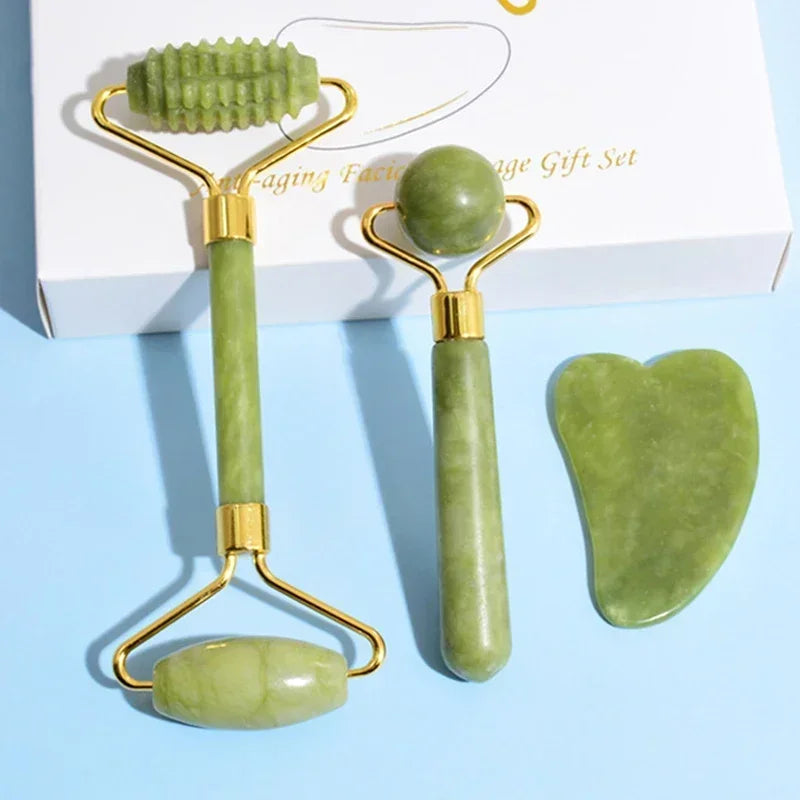 Jade Roller and Gua Sha Set for Facial Lifting | Green Stone Massage Tool Body Shaping Massage Equipment Tidesmit