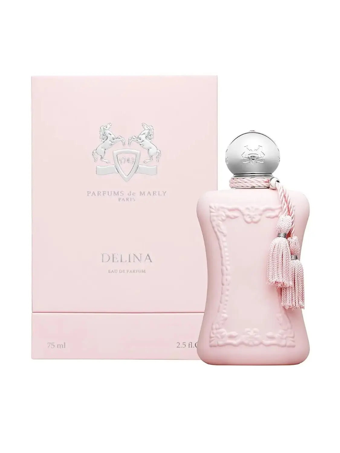 Parfums de Marly Delina Eau de Parfum for women: elegant pink bottle with tassel in a matching signature gift box.